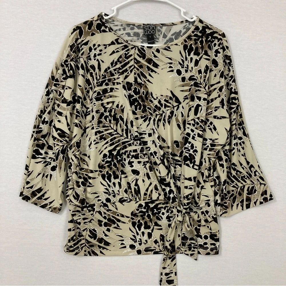 Clara Sun‎ Woo Brown/Tan Round Neck Leaf Print Stretch Tie Front Top Small